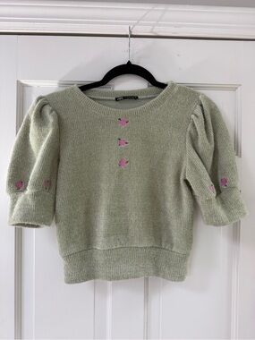 Zara Sage Green Puff-Sleeve Crewneck Sweater with Pink Floral Details